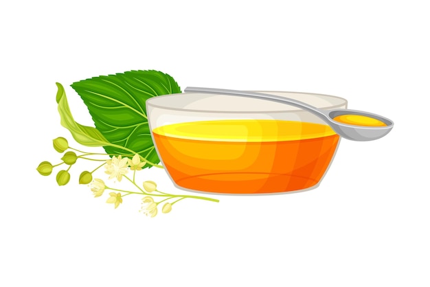 Linden Flower Clusters with Monofloral Honey Poured in Bowl Vector Illustration