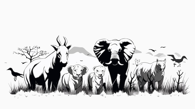 Vector a line of animals and rhinos are standing in a field