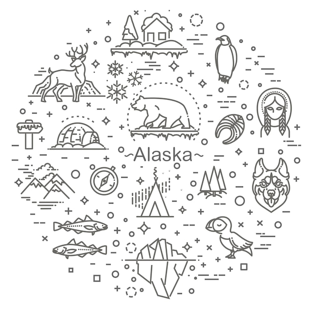 Line Arctic icons set North Pole illustration