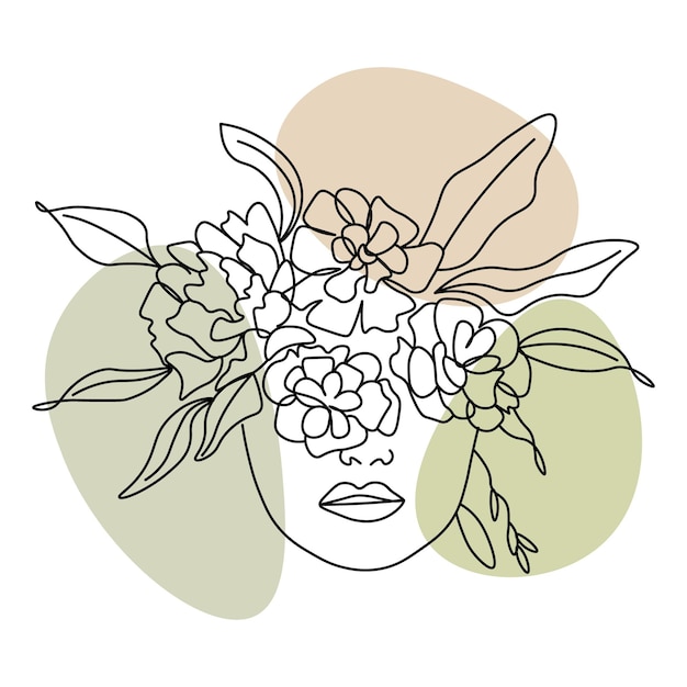 Line art abstract illustration girls face with flowers Black line with colored spots