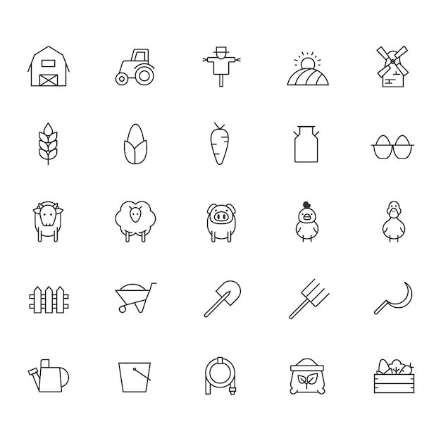 Vector line art agriculture icons vector tractor barn wheat cow farmer crop icons