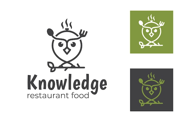 Line art animal owl symbol with food utensils fork and spoon for cooking school logo and knowledge food ingredients