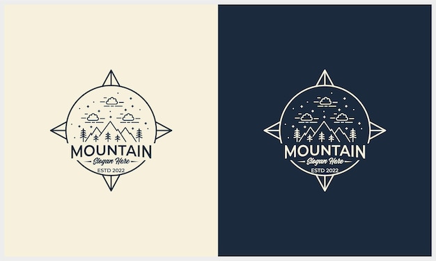 Line art badge mountain and scenery illustration with compass logo concept template