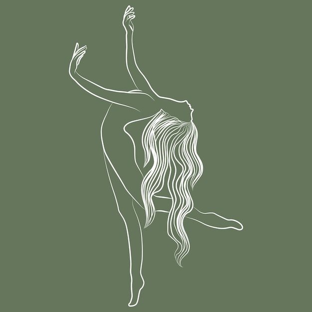 Line art beautiful naked girl with long hair White outline on a dark background Poster postcard