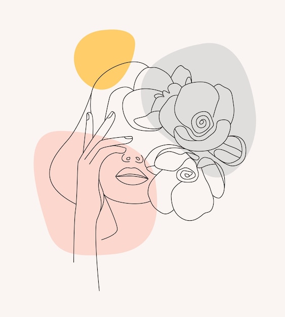 Line art of beautiful woman's face and flowers