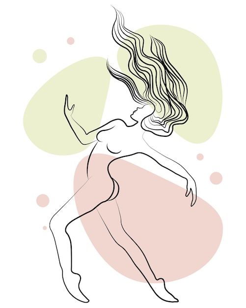 Line art, black contour of a naked woman on a white background with abstract spots
