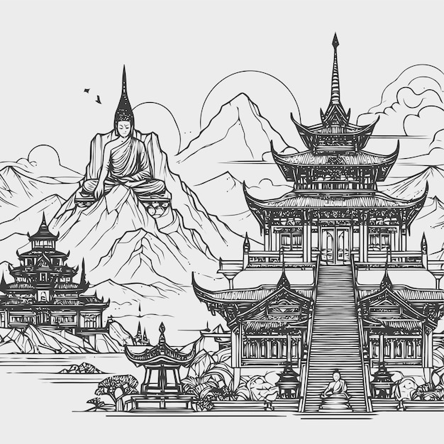 line art of a buddhist temple