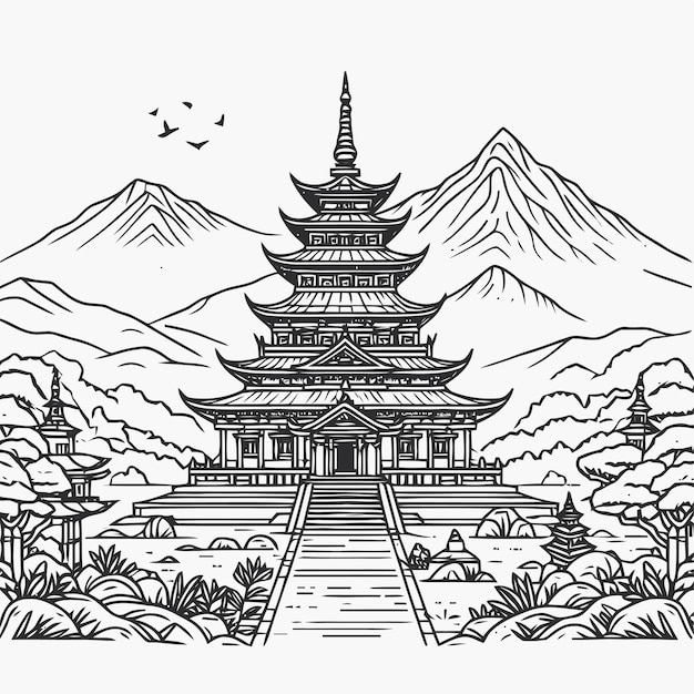 line art of a buddhist temple