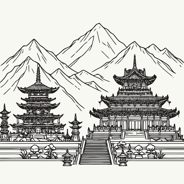 line art of a buddhist temple