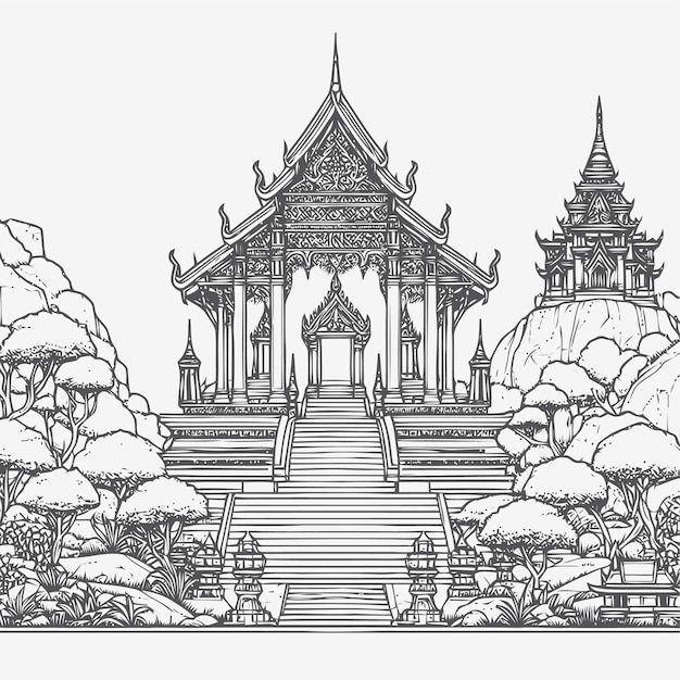 line art of a buddhist temple