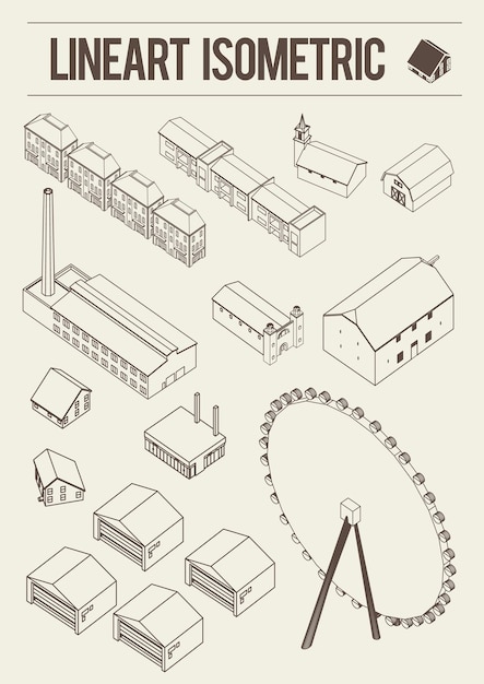 line art building isometric object