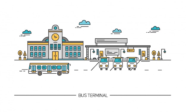 Line art bus terminal, station. Colorful illustration in flat style.