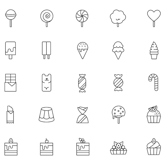 Line Art Candy amp Pastry Icons Vector Cake Cupcake Donut Cookie Lollipop Candy Icons