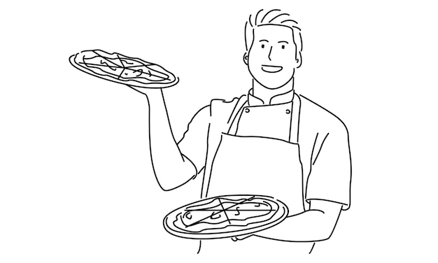 line art of chef with pizza vector illustration