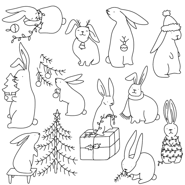 Line art christmas vector set with cute rabbit. Bunny's holiday illustration.