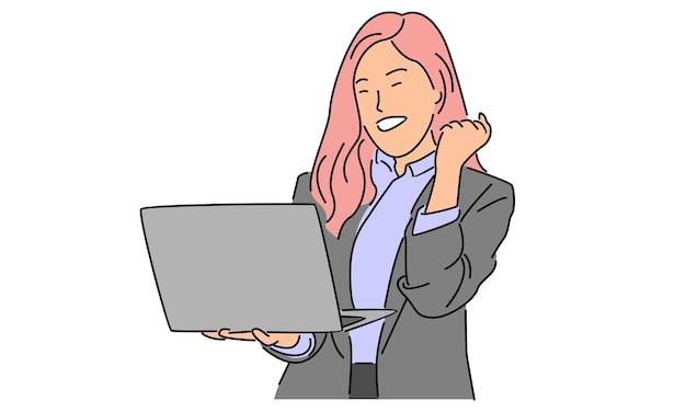 line art color of businesswoman with laptop