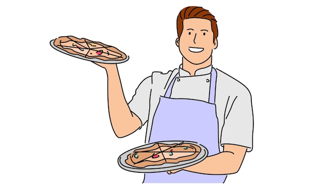 line art color of chef with pizza