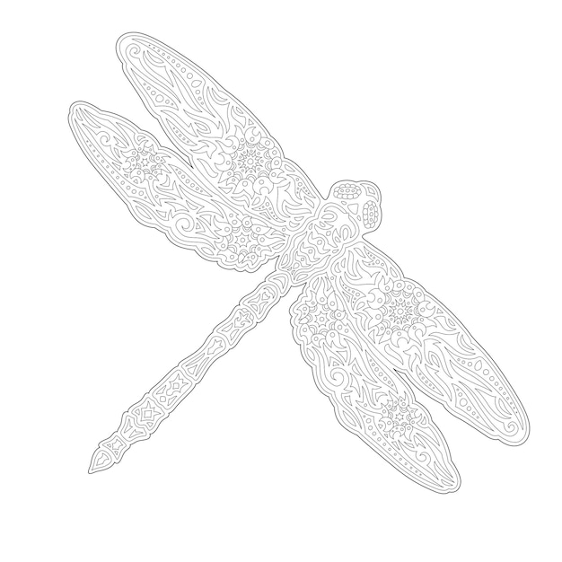 Line art for coloring book with dragonfly