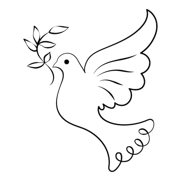 Line art, dove with twig, bird of peace. Black and white illustration, vector