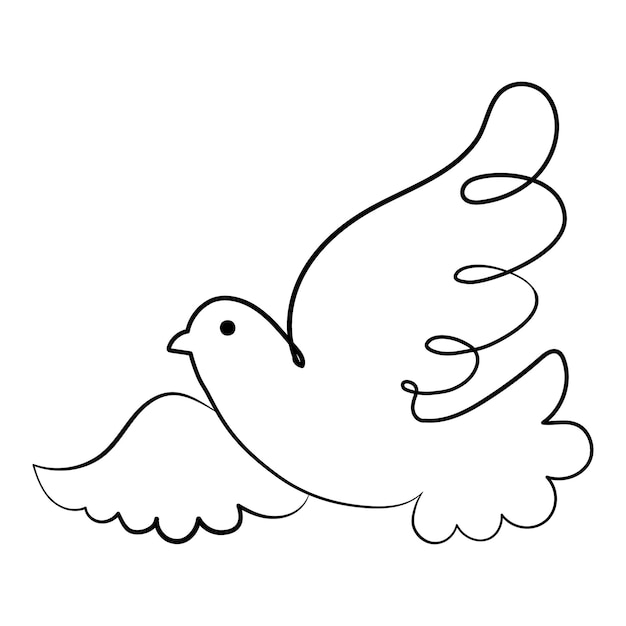 Line art, dove with twig, bird of peace. Black and white illustration, vector