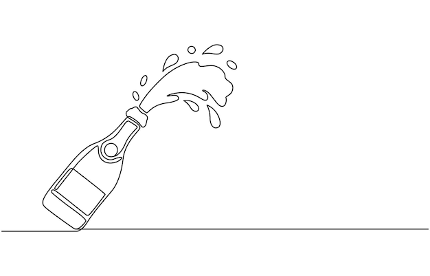 line art drawing of champagne bottle with shooting cork