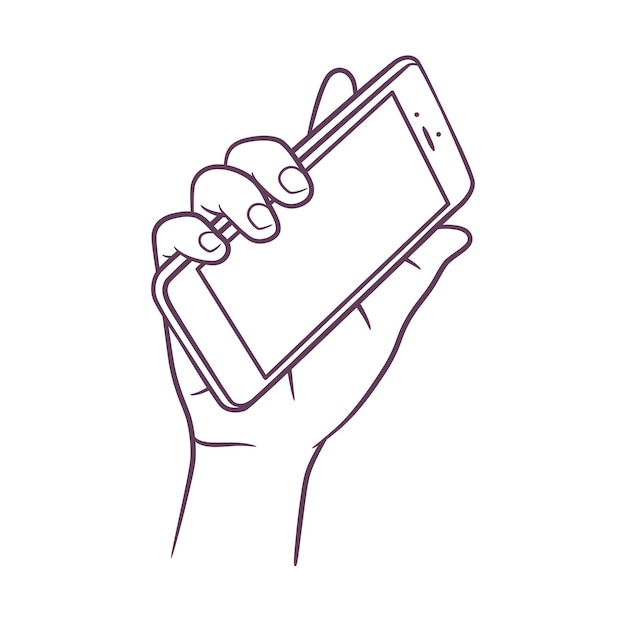 Line art drawing of hand holding smart phone Outline drawing hand holding smart mobile phone