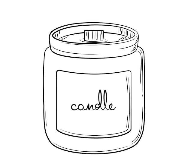 Line art drawn by hand. Candle in glass jar with wooden wick and label.