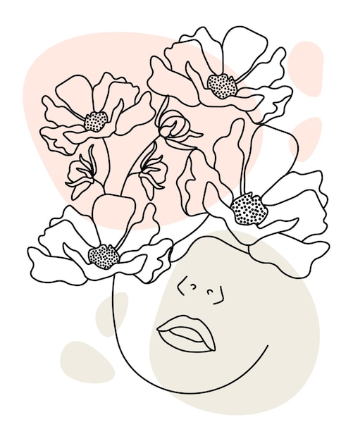 Line art, drawn portrait of women with flowers.  Black outline and abstract spots