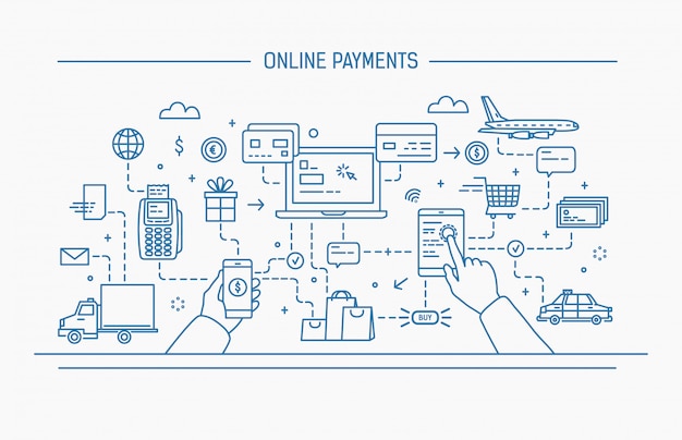 Line art flat contour illustration. online payments, money transfer, financial transaction.