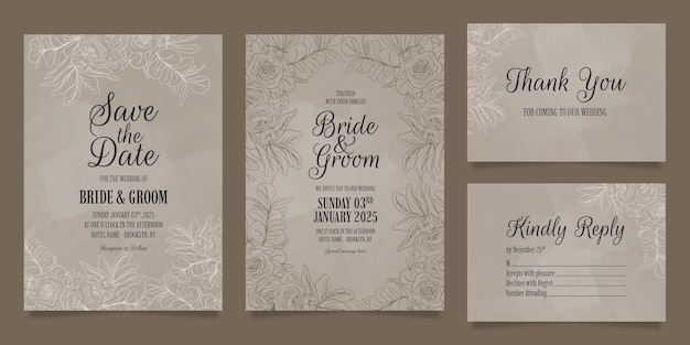 Line art floral leaves wedding invitation template set with abstract watercolor frame decoration