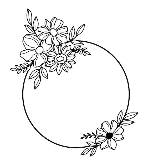 Line art flowers bouquets round frame Outline florals wreath vector illustration