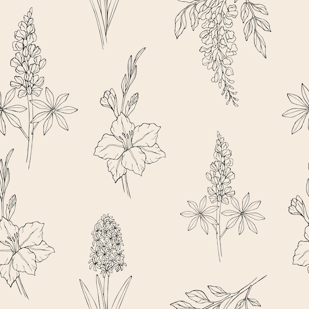 Line art garden flowers seamless pattern