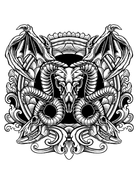 Line art of goat head with ornament