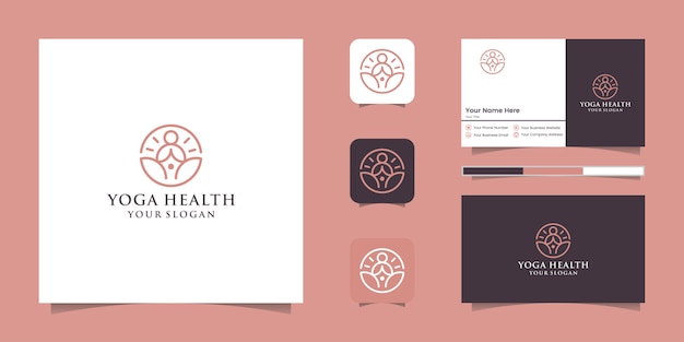 A line art icon logo of a yoga person with buddha line logo and business card design