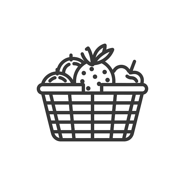 Vector line art illustration of a basket filled with fruit