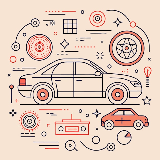 Vector line art illustration of a car with related icons