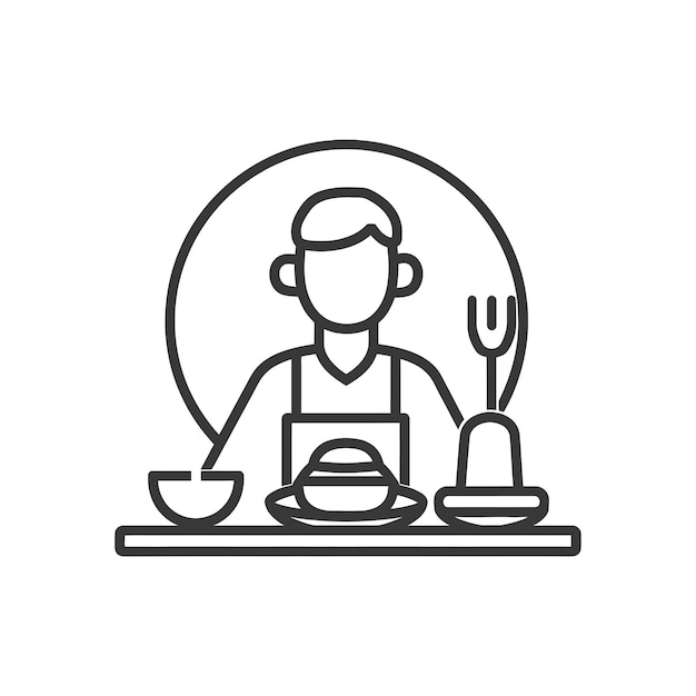 Vector line art illustration of a chef with kitchen utensils