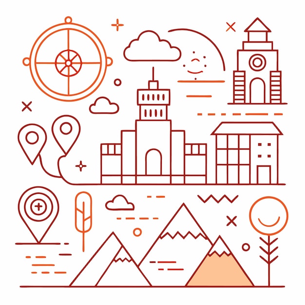 Vector a line art illustration depicting a city with buildings mountains clouds and a compass