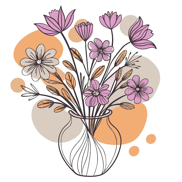 A line art illustration of a flower bouquet in a vase