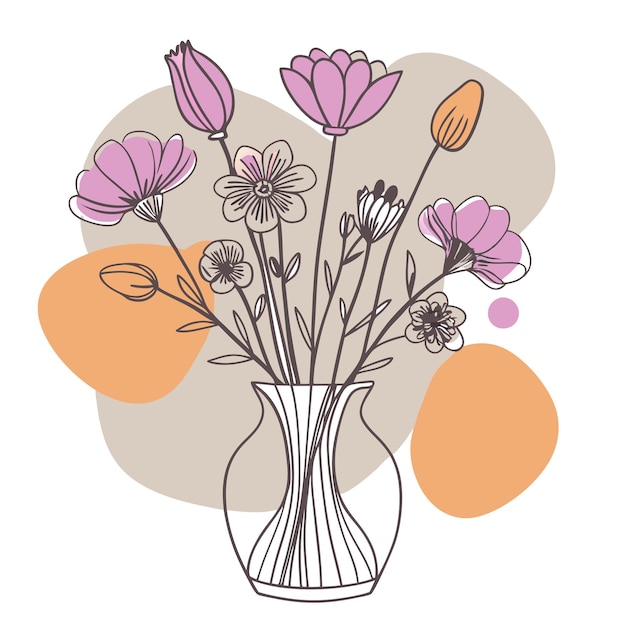 A line art illustration of flowers in a vase with abstract shapes