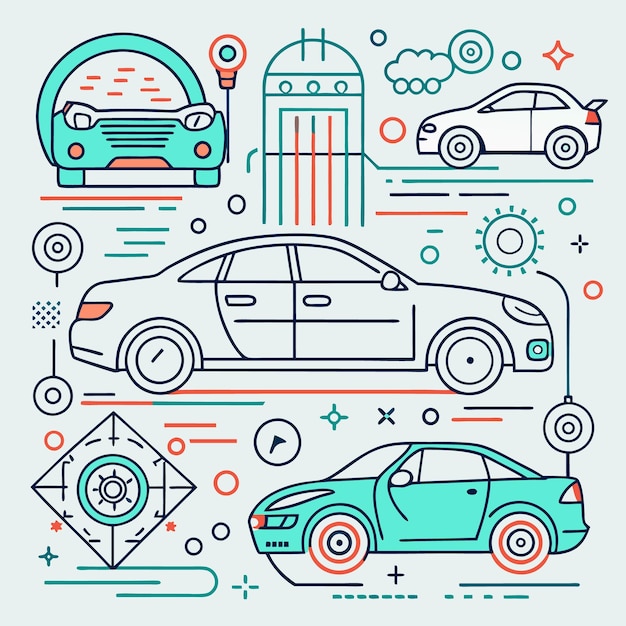 Vector line art illustration of four cars with colorful design elements depicting the concept of car service