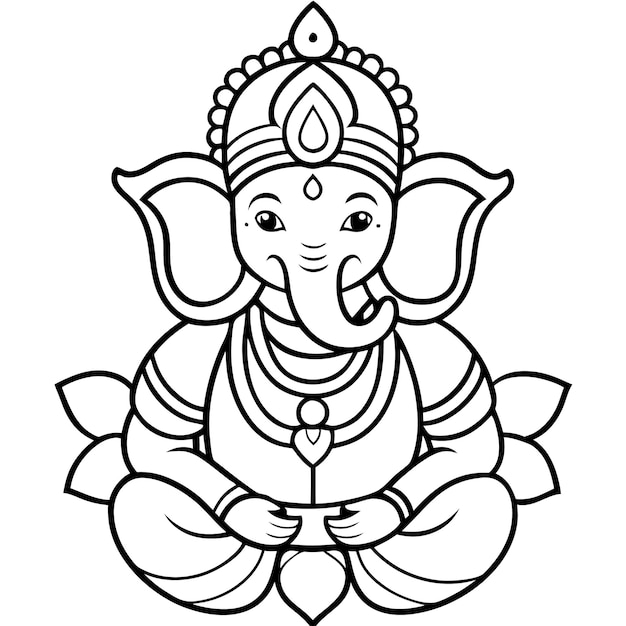 Line art illustration of Ganesha sitting on a lotus flower with his trunk curled up