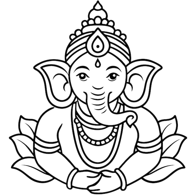 Line art illustration of Lord Ganesha the Hindu god of beginnings wisdom and prosperity sitting on a lotus He is shown with his characteristic elephant head large ears and a single tusk