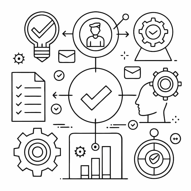 Line art illustration showing a workflow process with a checklist user gear and a target all connected to a check mark