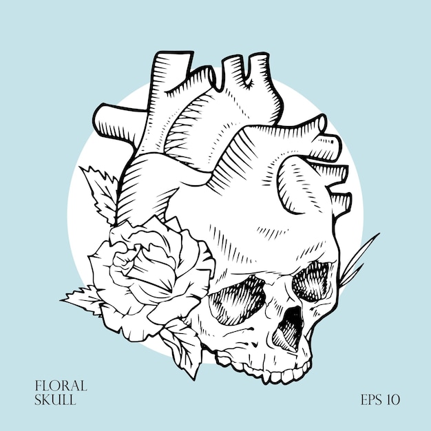 Line art illustration of skull and heart with bloom rose