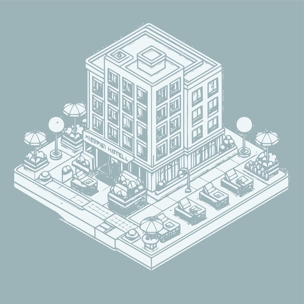 Vector line art isometric illustration of hotel