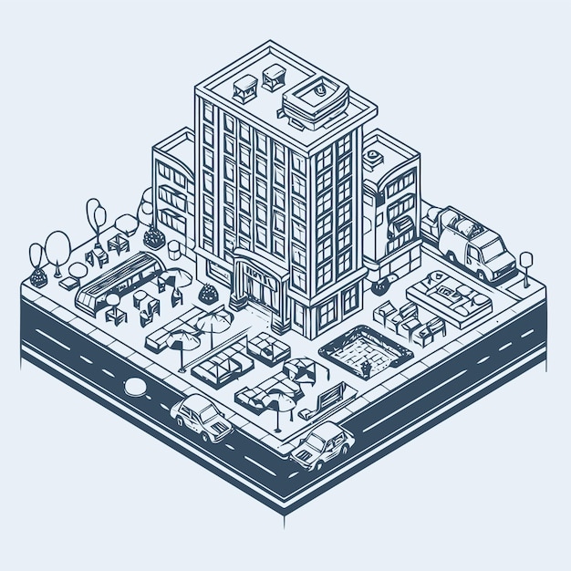 Vector line art isometric illustration of hotel