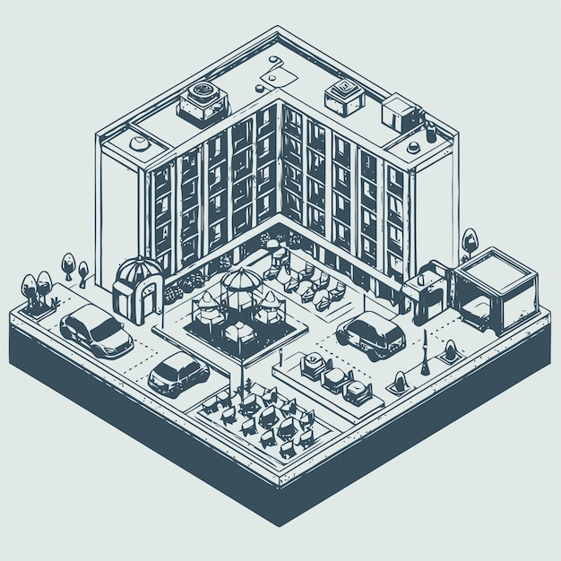 Vector line art isometric illustration of hotel