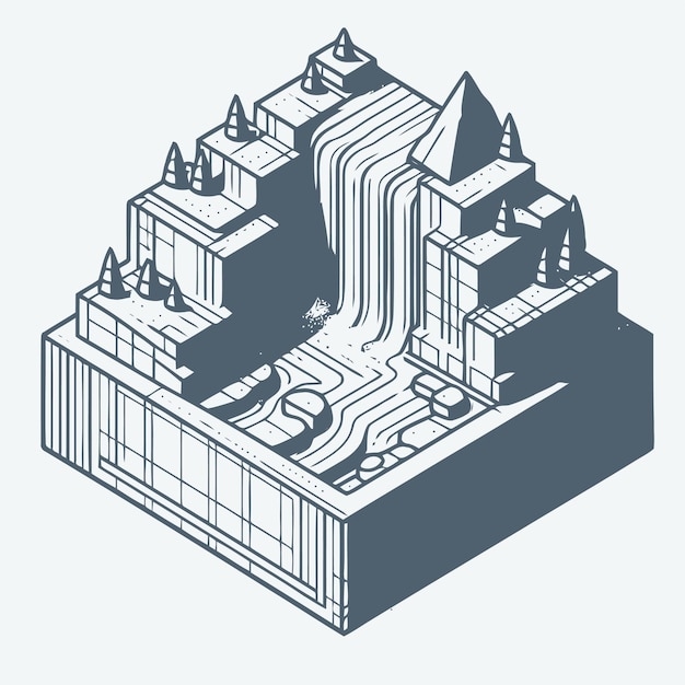 Vector line art isometric illustration of waterfall