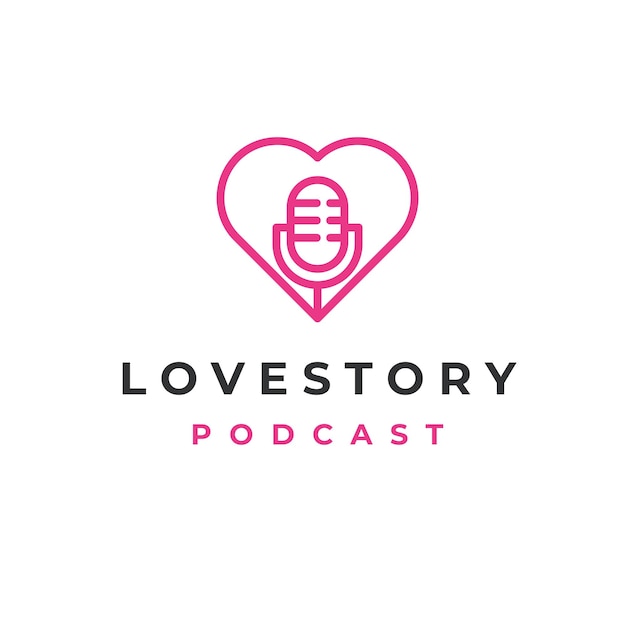 Line art Love heart symbol with microphone for podcast logo design